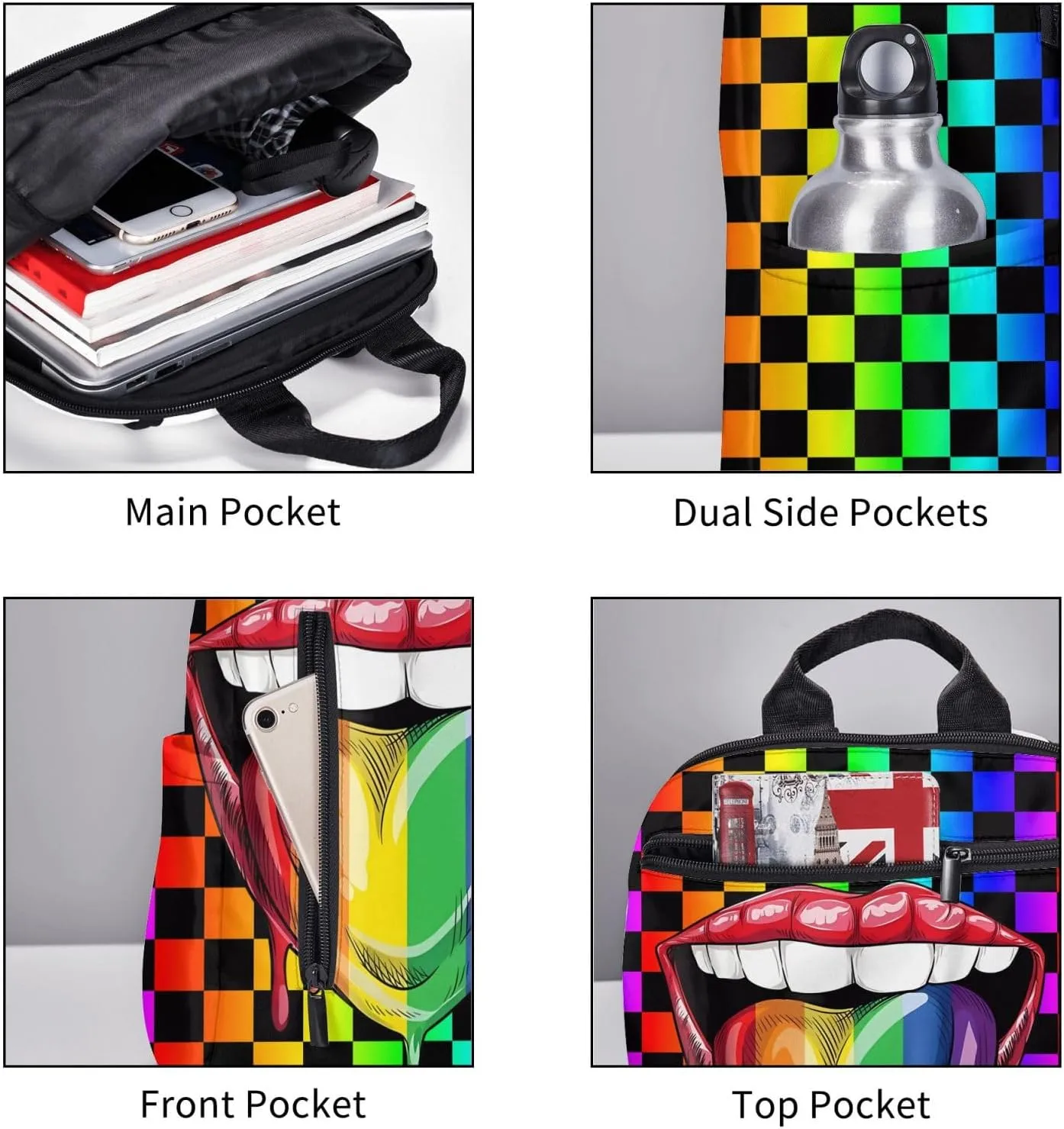 LGBT Gay Pride Rainbow Heart Tongue Lip Travel Laptop Backpack Casual Backpacks Double Shoulder Daypack Notebook Rucksack Work Bags Sports Bag for Hiking Camping Beach