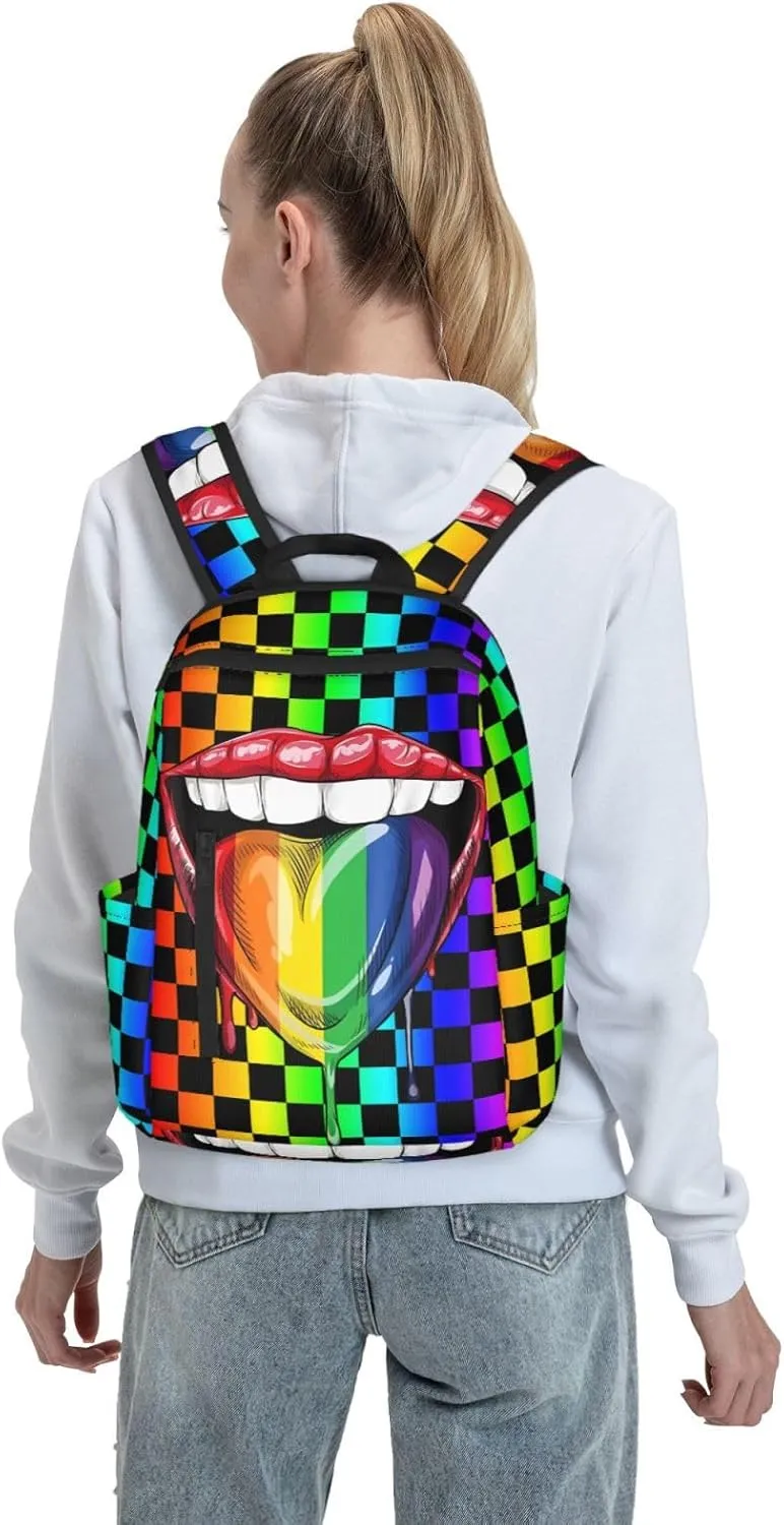 LGBT Gay Pride Rainbow Heart Tongue Lip Travel Laptop Backpack Casual Backpacks Double Shoulder Daypack Notebook Rucksack Work Bags Sports Bag for Hiking Camping Beach