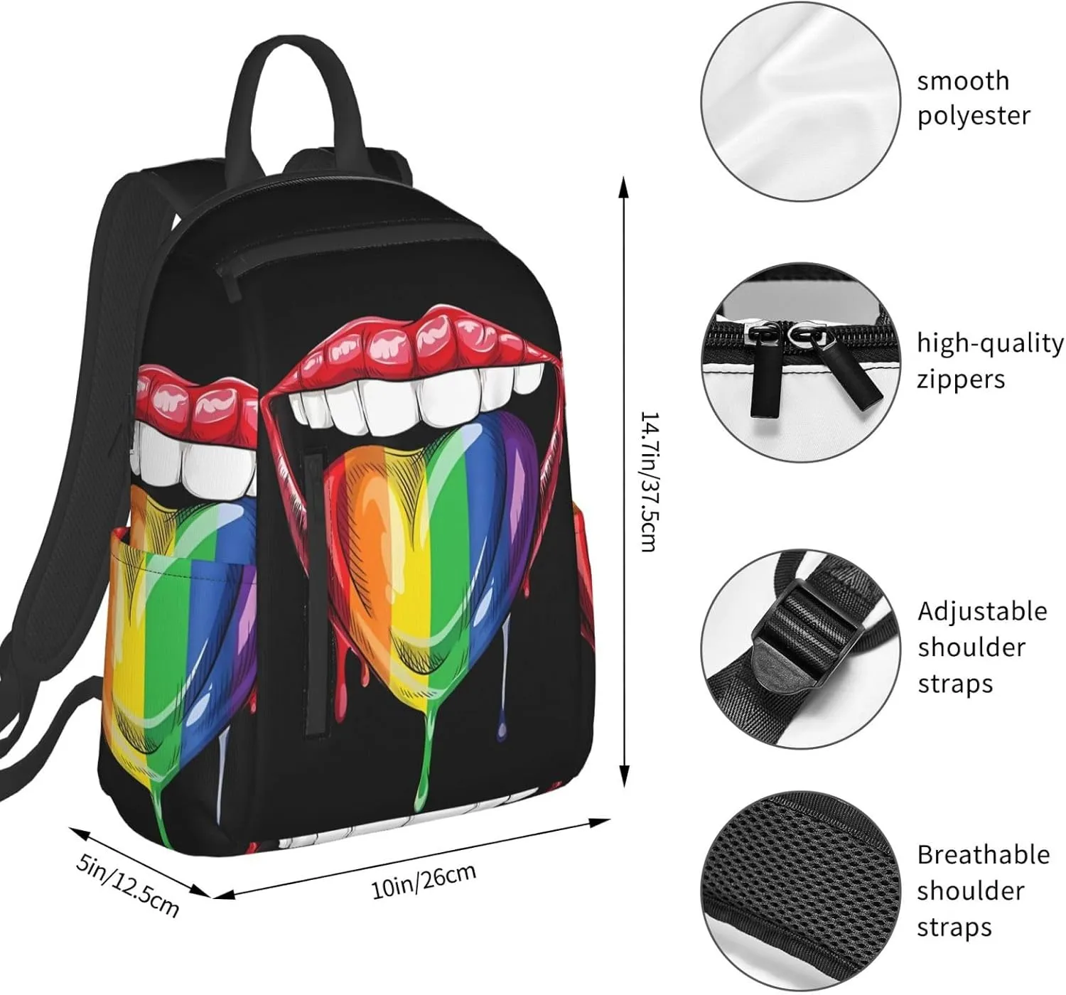 LGBT Gay Pride Rainbow Heart Tongue Lip Travel Laptop Backpack Casual Backpacks Double Shoulder Daypack Notebook Rucksack Work Bags Sports Bag for Hiking Camping Beach