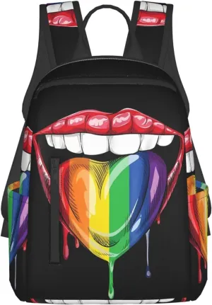 LGBT Gay Pride Rainbow Heart Tongue Lip Travel Laptop Backpack Casual Backpacks Double Shoulder Daypack Notebook Rucksack Work Bags Sports Bag for Hiking Camping Beach