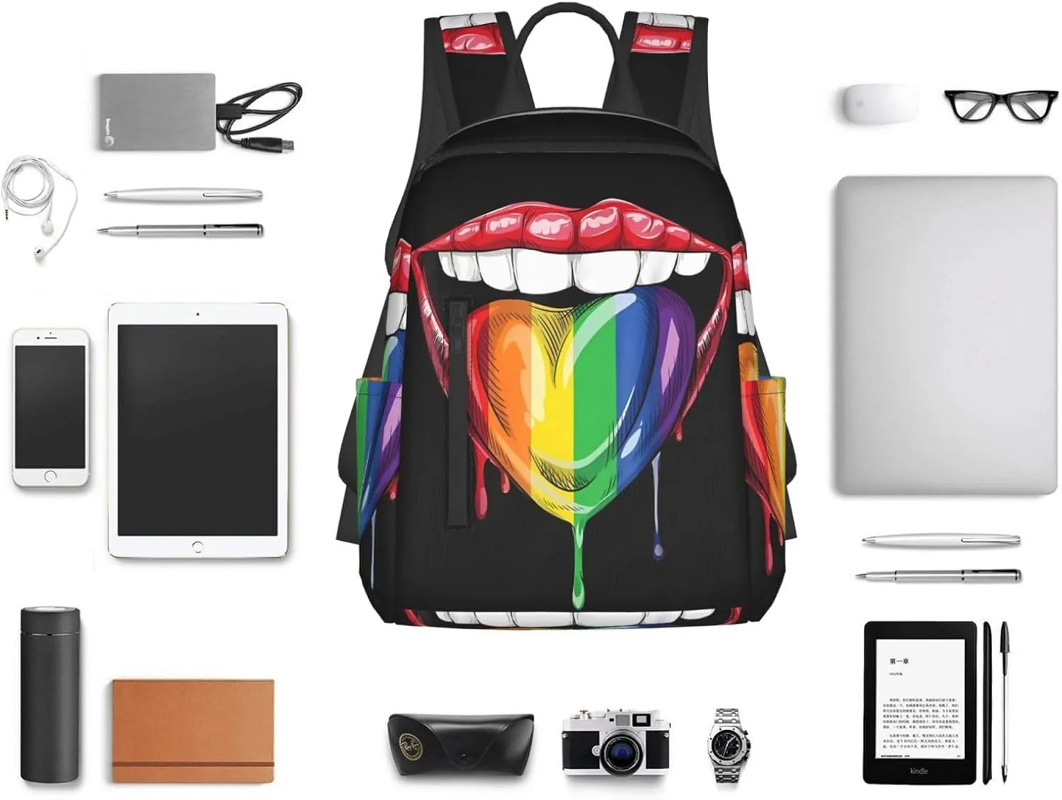 LGBT Gay Pride Rainbow Heart Tongue Lip Travel Laptop Backpack Casual Backpacks Double Shoulder Daypack Notebook Rucksack Work Bags Sports Bag for Hiking Camping Beach