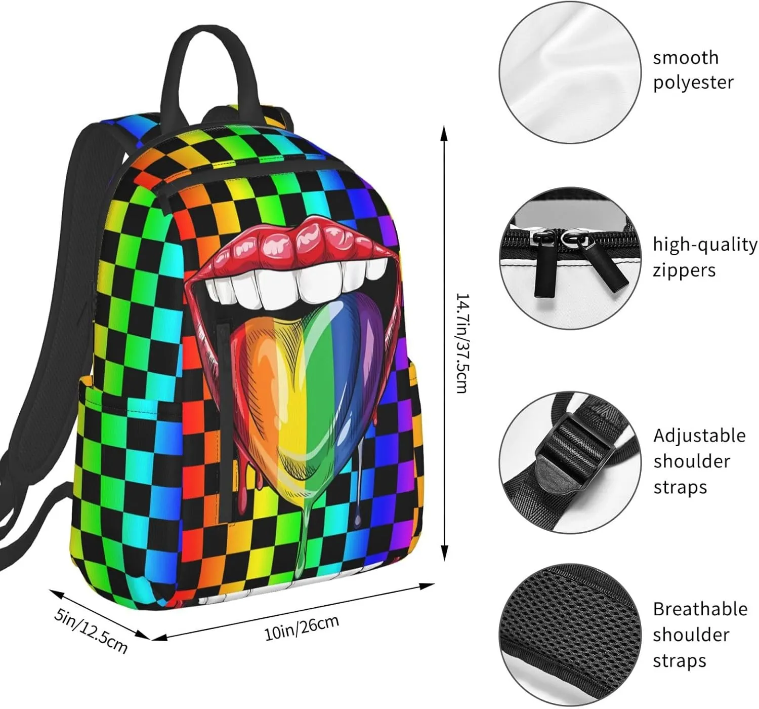 LGBT Gay Pride Rainbow Heart Tongue Lip Travel Laptop Backpack Casual Backpacks Double Shoulder Daypack Notebook Rucksack Work Bags Sports Bag for Hiking Camping Beach