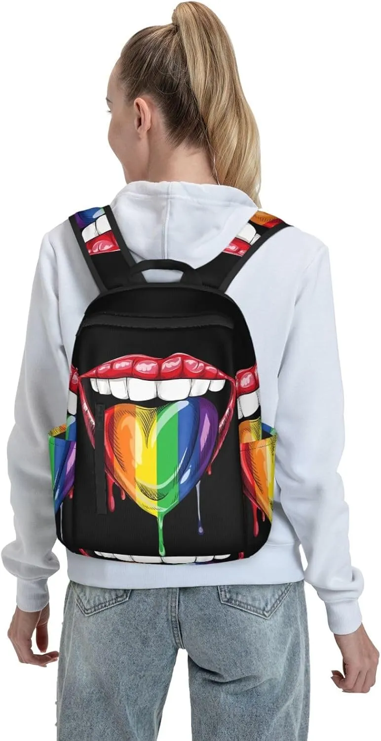 LGBT Gay Pride Rainbow Heart Tongue Lip Travel Laptop Backpack Casual Backpacks Double Shoulder Daypack Notebook Rucksack Work Bags Sports Bag for Hiking Camping Beach