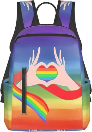 LGBT Gay Pride Rainbow Ribbon Heart Gesture Travel Laptop Backpack Casual Backpacks Double Shoulder Daypack Notebook Rucksack Work Bags Sports Bag for Gym Hiking Camping Beach
