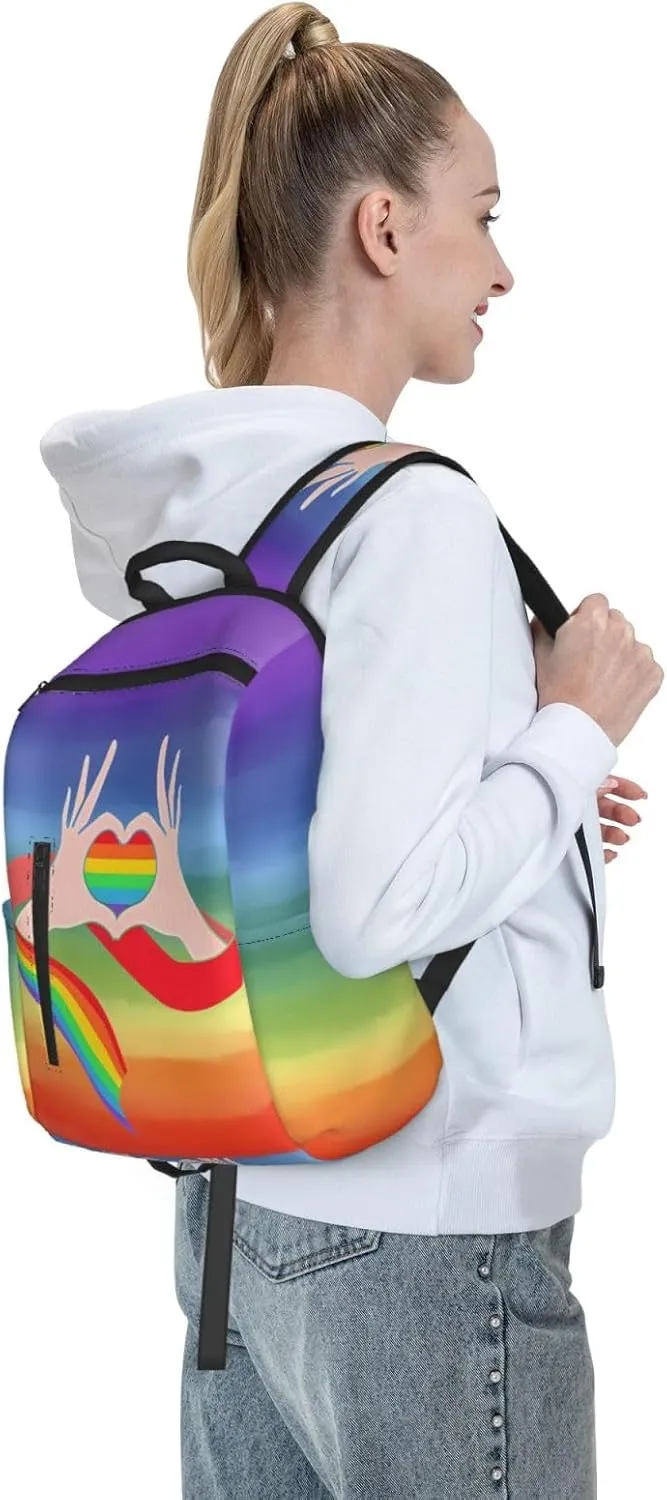 LGBT Gay Pride Rainbow Ribbon Heart Gesture Travel Laptop Backpack Casual Backpacks Double Shoulder Daypack Notebook Rucksack Work Bags Sports Bag for Gym Hiking Camping Beach