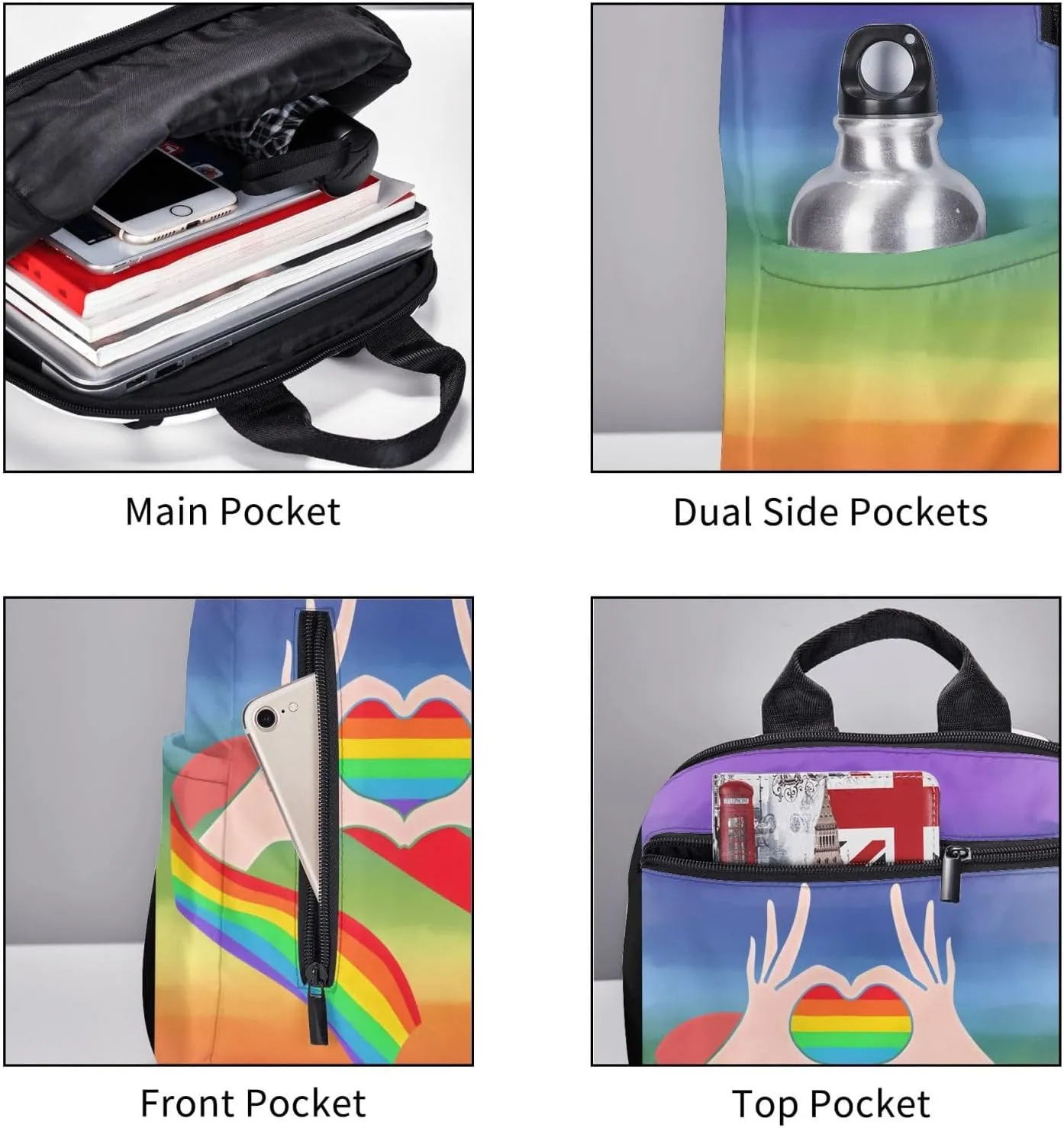 LGBT Gay Pride Rainbow Ribbon Heart Gesture Travel Laptop Backpack Casual Backpacks Double Shoulder Daypack Notebook Rucksack Work Bags Sports Bag for Gym Hiking Camping Beach