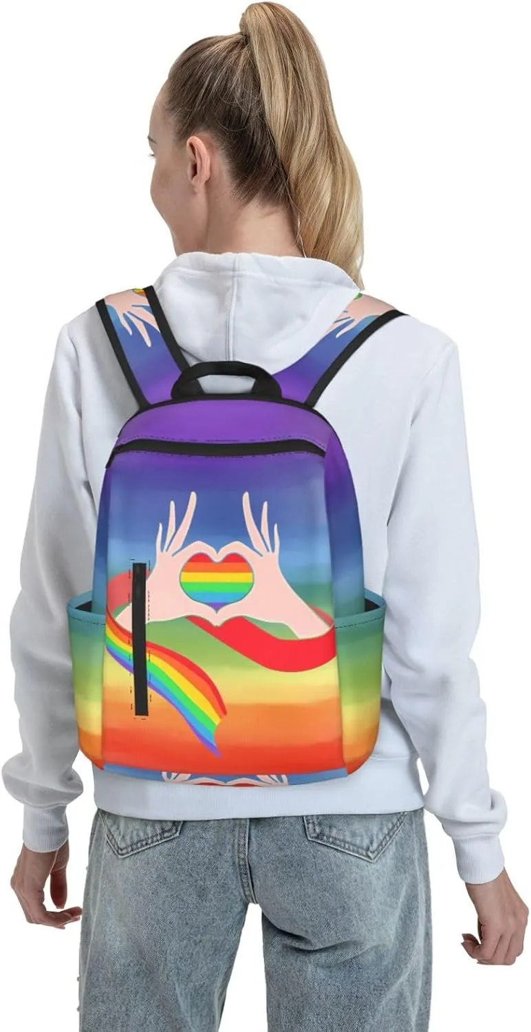 LGBT Gay Pride Rainbow Ribbon Heart Gesture Travel Laptop Backpack Casual Backpacks Double Shoulder Daypack Notebook Rucksack Work Bags Sports Bag for Gym Hiking Camping Beach
