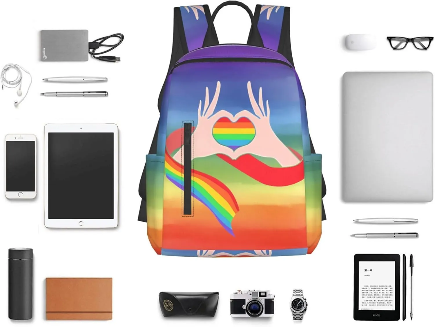 LGBT Gay Pride Rainbow Ribbon Heart Gesture Travel Laptop Backpack Casual Backpacks Double Shoulder Daypack Notebook Rucksack Work Bags Sports Bag for Gym Hiking Camping Beach