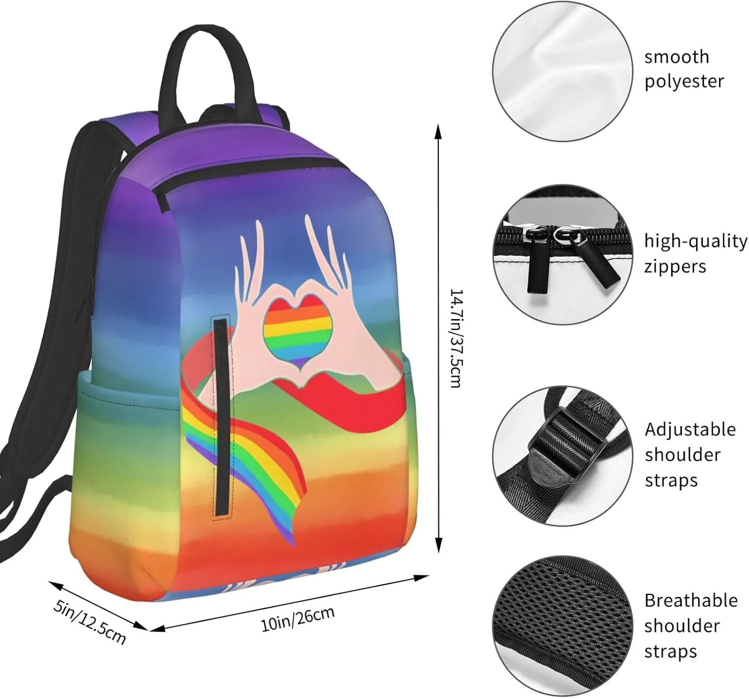 LGBT Gay Pride Rainbow Ribbon Heart Gesture Travel Laptop Backpack Casual Backpacks Double Shoulder Daypack Notebook Rucksack Work Bags Sports Bag for Gym Hiking Camping Beach