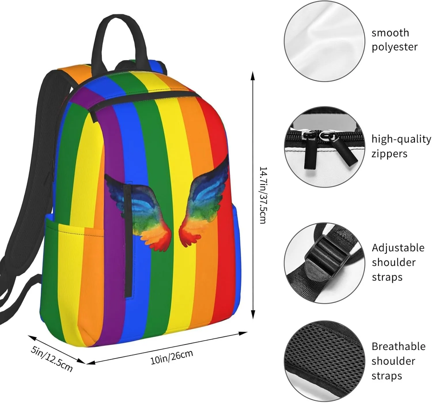 LGBT Gay Pride Watercolor Rainbow Wings Travel Laptop Backpack Casual Backpacks Double Shoulder Daypack Notebook Rucksack Work Bags Sports Bag for Hiking Camping Beach