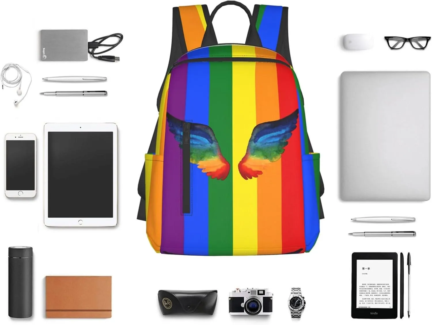 LGBT Gay Pride Watercolor Rainbow Wings Travel Laptop Backpack Casual Backpacks Double Shoulder Daypack Notebook Rucksack Work Bags Sports Bag for Hiking Camping Beach