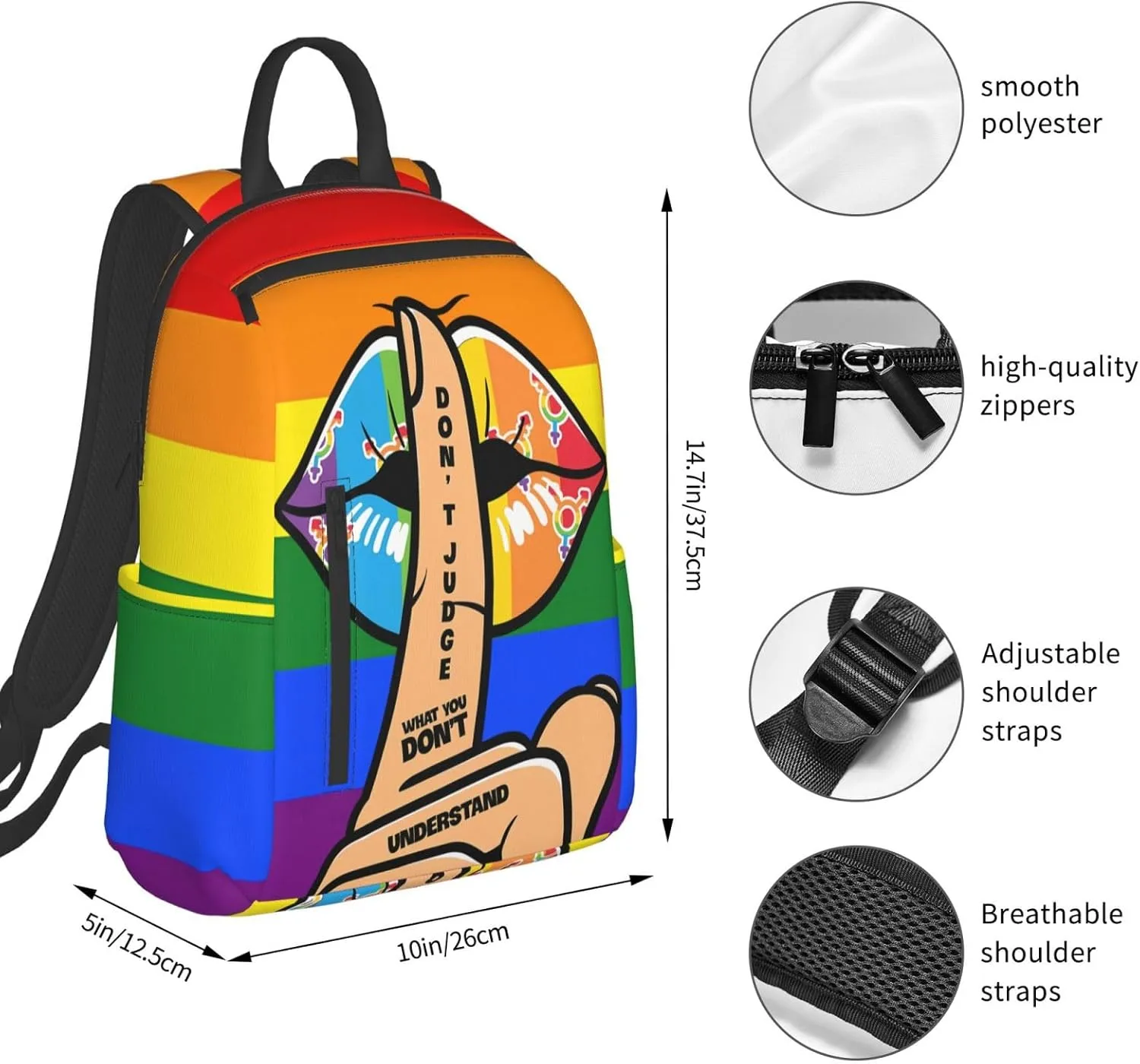 LGBT Lip Don't Judge What You Don't Understand Travel Laptop Backpack Casual Backpacks Double Shoulder Daypack Notebook Rucksack Work Bags Sports Bag for Hiking Camping Beach