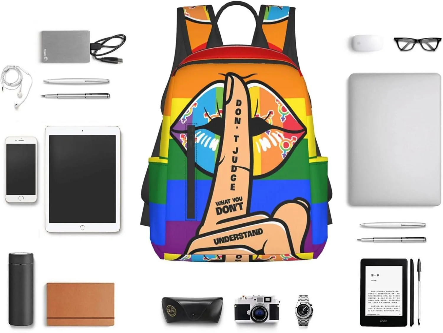LGBT Lip Don't Judge What You Don't Understand Travel Laptop Backpack Casual Backpacks Double Shoulder Daypack Notebook Rucksack Work Bags Sports Bag for Hiking Camping Beach
