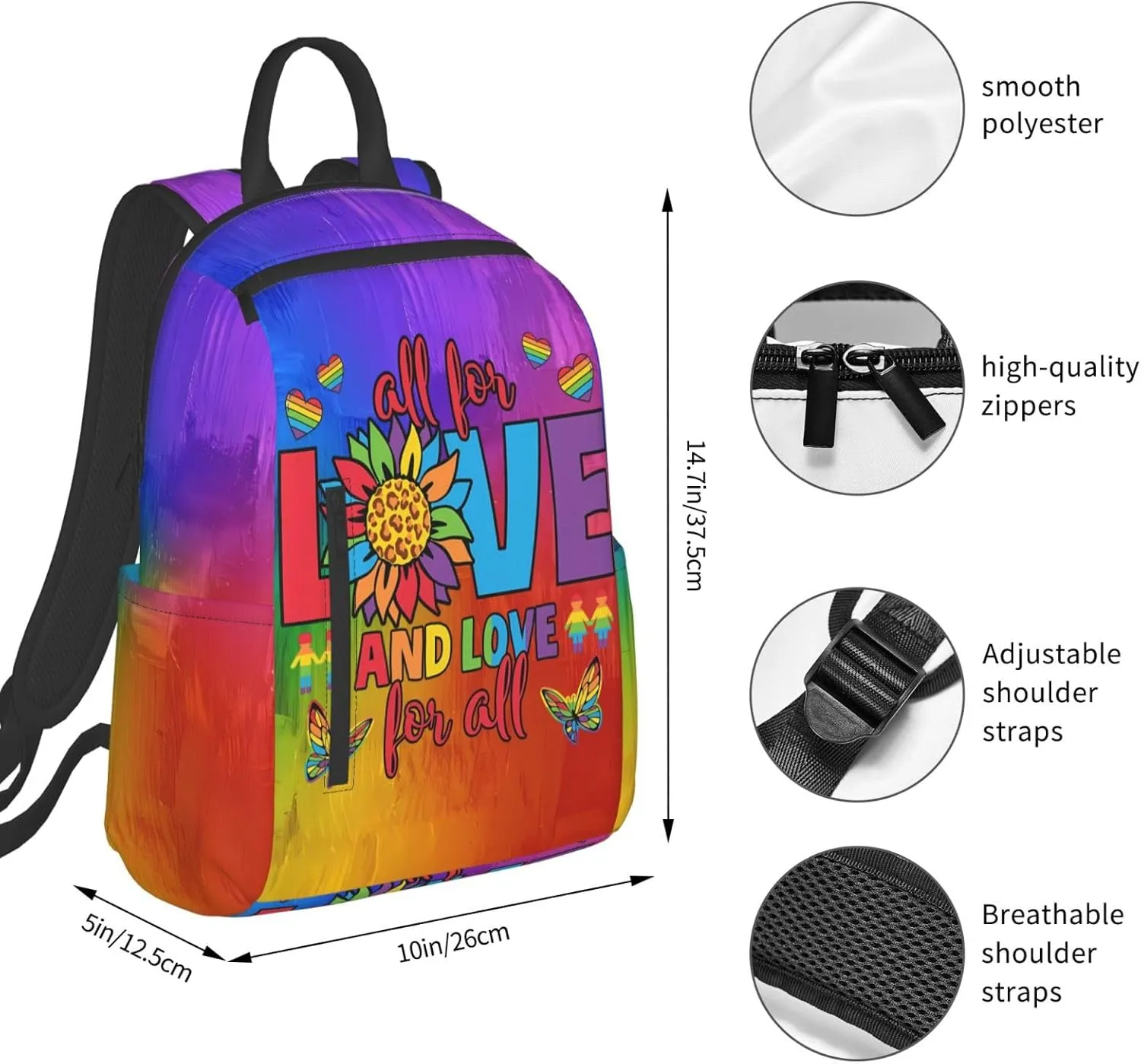 LGBT Rainbow Gay Pride All For Love And Love For All Travel Laptop Backpack Casual Backpacks Double Shoulder Daypack Notebook Rucksack Work Bags Sports Bag for Hiking Camping Beach