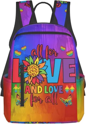 LGBT Rainbow Gay Pride All For Love And Love For All Travel Laptop Backpack Casual Backpacks Double Shoulder Daypack Notebook Rucksack Work Bags Sports Bag for Hiking Camping Beach