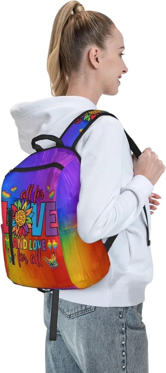 LGBT Rainbow Gay Pride All For Love And Love For All Travel Laptop Backpack Casual Backpacks Double Shoulder Daypack Notebook Rucksack Work Bags Sports Bag for Hiking Camping Beach