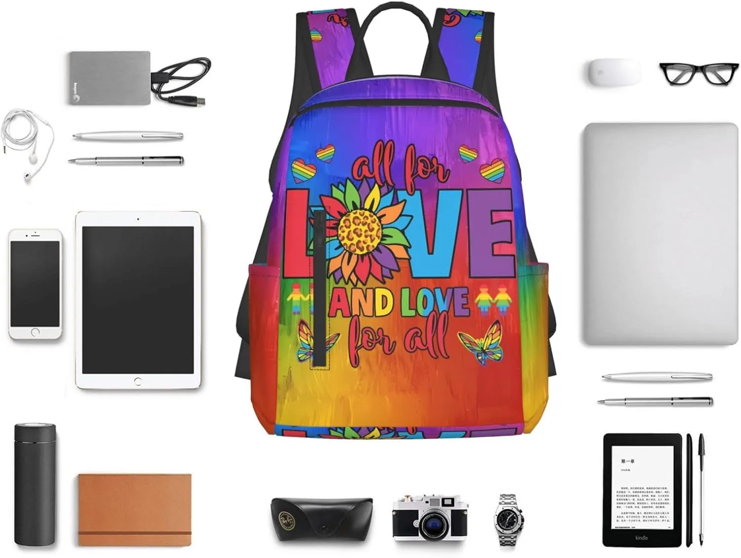 LGBT Rainbow Gay Pride All For Love And Love For All Travel Laptop Backpack Casual Backpacks Double Shoulder Daypack Notebook Rucksack Work Bags Sports Bag for Hiking Camping Beach