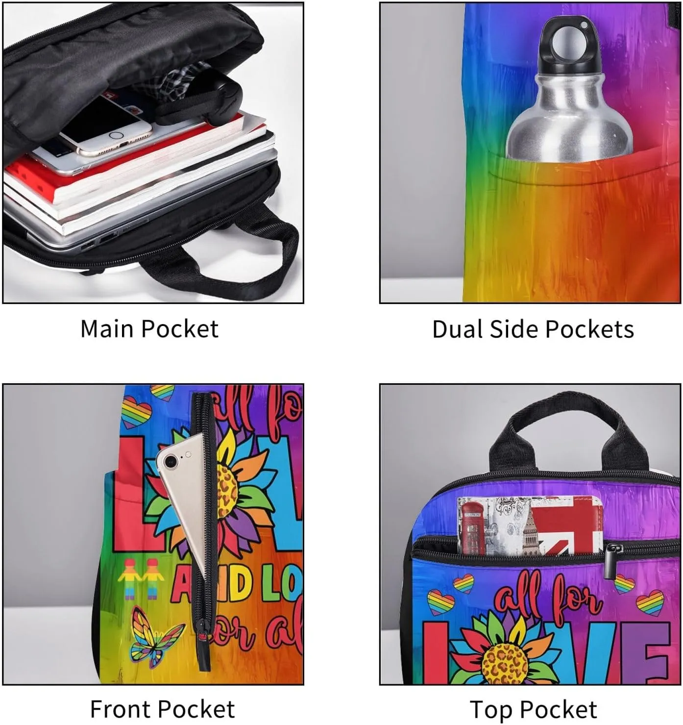 LGBT Rainbow Gay Pride All For Love And Love For All Travel Laptop Backpack Casual Backpacks Double Shoulder Daypack Notebook Rucksack Work Bags Sports Bag for Hiking Camping Beach