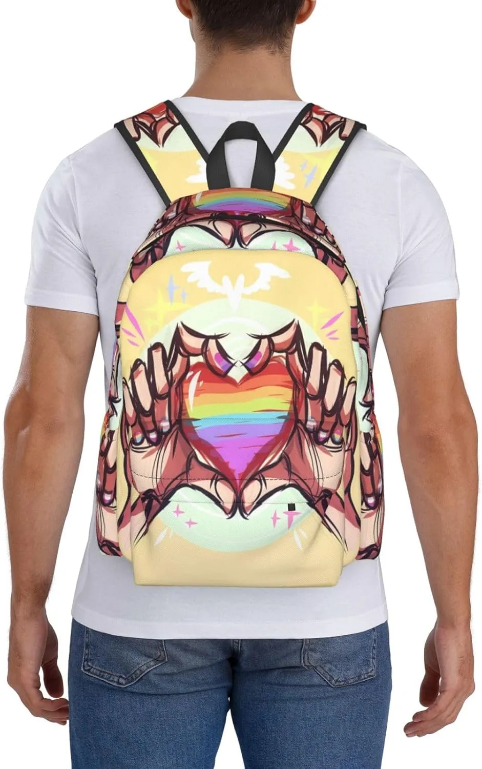 LGBT Rainbow Gay Pride Hands Gesture Love 17 Inch Casual Backpack Laptop Backpacks Travel Back Pack Large Camping Rucksack Hiking Daypack Lightweight Double Shoulder Bag