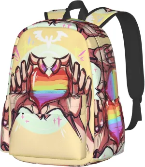 LGBT Rainbow Gay Pride Hands Gesture Love 17 Inch Casual Backpack Laptop Backpacks Travel Back Pack Large Camping Rucksack Hiking Daypack Lightweight Double Shoulder Bag