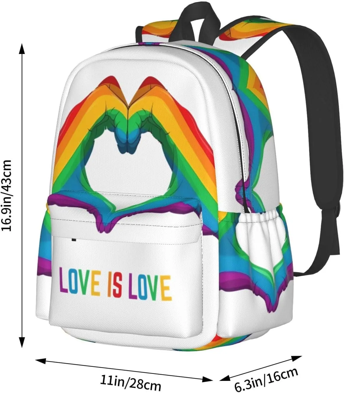 LGBT Rainbow Gay Pride Love Is Love Heart Gesture 17 Inch Casual Backpack Laptop Backpacks Travel Back Pack Large Camping Rucksack Hiking Daypack Lightweight Double Shoulder Bag