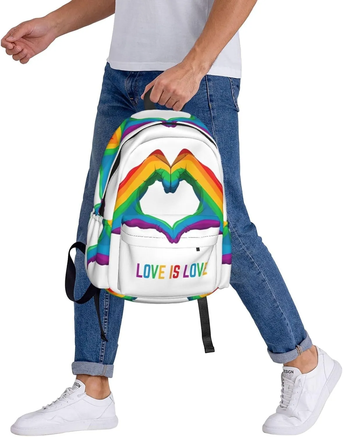 LGBT Rainbow Gay Pride Love Is Love Heart Gesture 17 Inch Casual Backpack Laptop Backpacks Travel Back Pack Large Camping Rucksack Hiking Daypack Lightweight Double Shoulder Bag