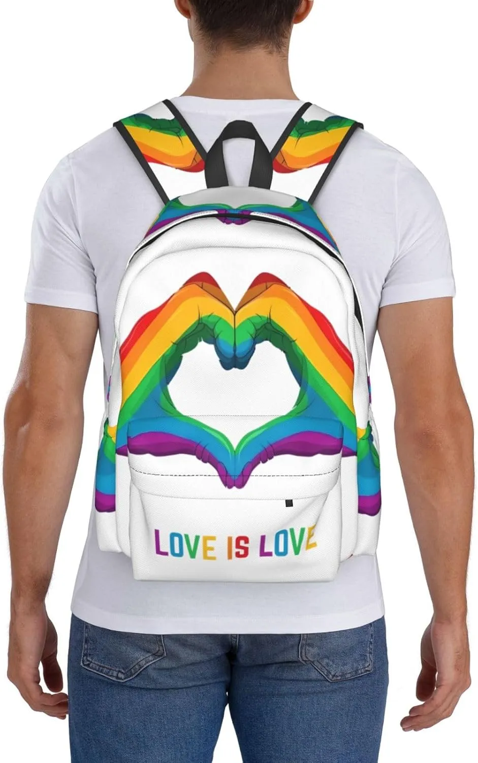 LGBT Rainbow Gay Pride Love Is Love Heart Gesture 17 Inch Casual Backpack Laptop Backpacks Travel Back Pack Large Camping Rucksack Hiking Daypack Lightweight Double Shoulder Bag