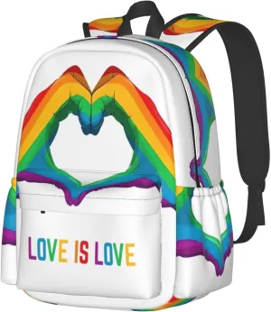 LGBT Rainbow Gay Pride Love Is Love Heart Gesture 17 Inch Casual Backpack Laptop Backpacks Travel Back Pack Large Camping Rucksack Hiking Daypack Lightweight Double Shoulder Bag