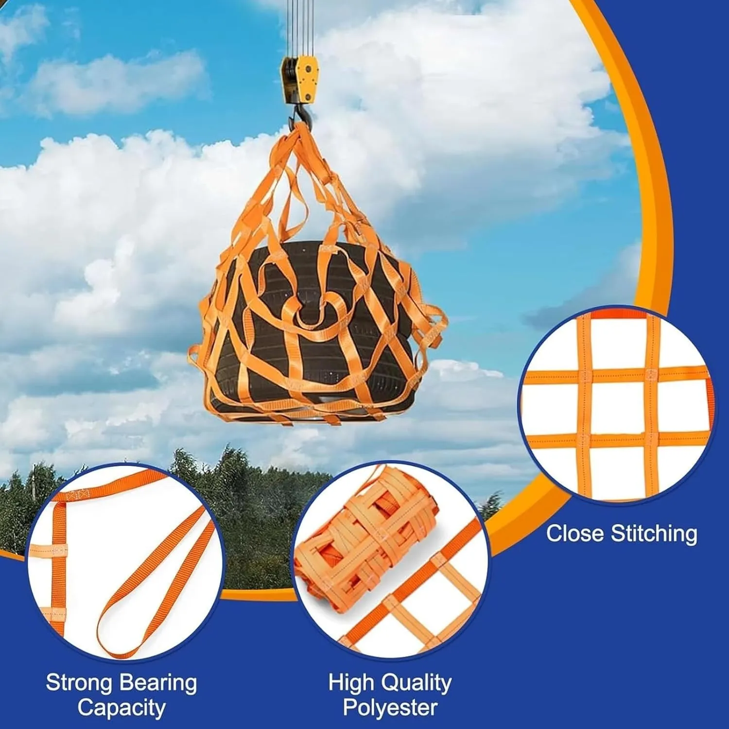 Lifting Hoisting Net - Polyester Cargo Hanging Net, Tear Resistant Nylon Cargo Sling Net, Loading and Unloading Garden Lifting Net Straps Handling Straps(1.5 X 1.5M/Mesh 10cm/Load 2.5t)