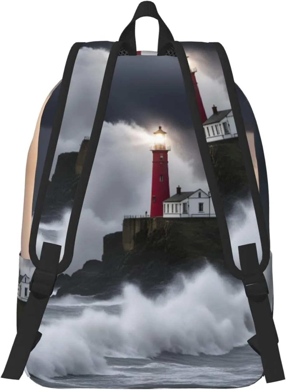 Lighthouse In Storm Print Vintage Canvas Backpack,Travel Bag,Stylish And Lightweight With Multiple Pockets