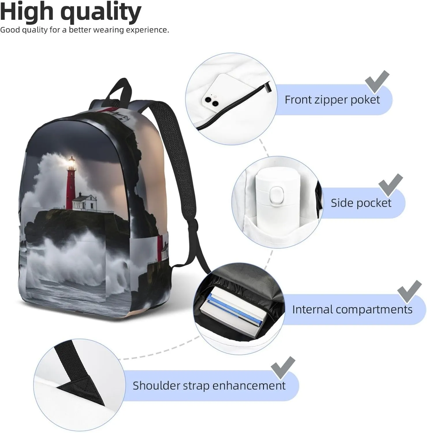 Lighthouse In Storm Print Vintage Canvas Backpack,Travel Bag,Stylish And Lightweight With Multiple Pockets