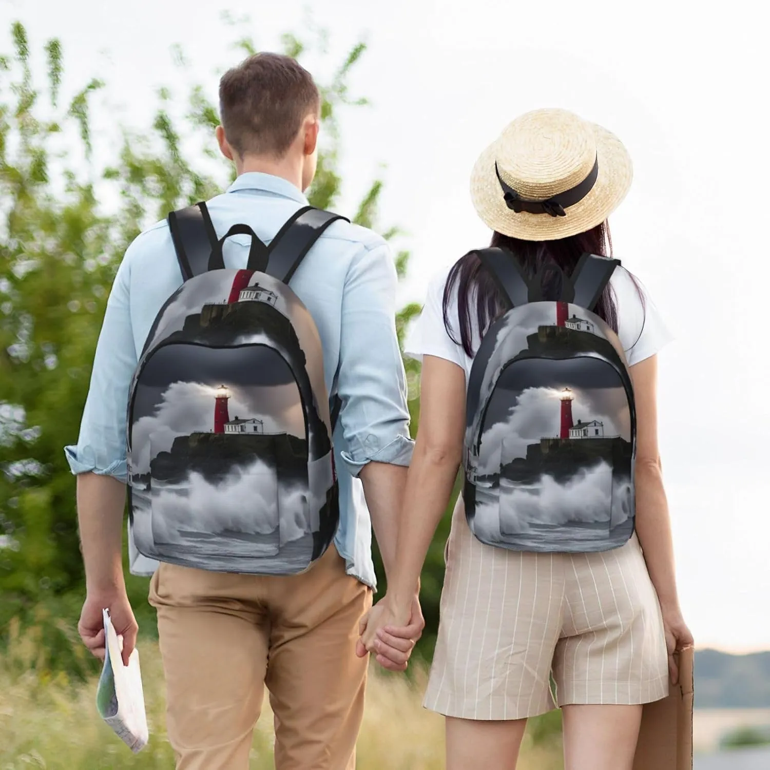 Lighthouse In Storm Print Vintage Canvas Backpack,Travel Bag,Stylish And Lightweight With Multiple Pockets