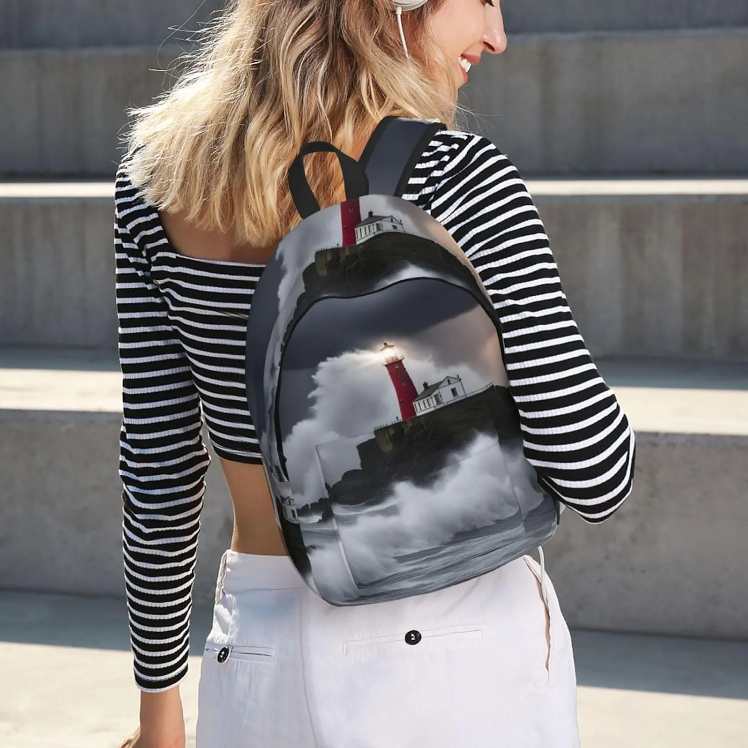 Lighthouse In Storm Print Vintage Canvas Backpack,Travel Bag,Stylish And Lightweight With Multiple Pockets