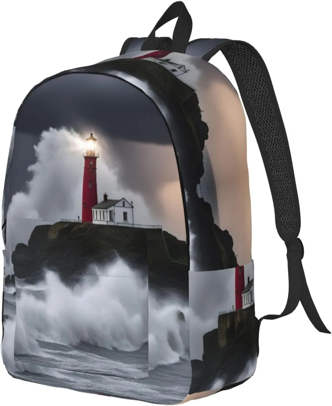 Lighthouse In Storm Print Vintage Canvas Backpack,Travel Bag,Stylish And Lightweight With Multiple Pockets