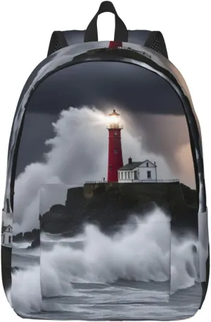 Lighthouse In Storm Print Vintage Canvas Backpack,Travel Bag,Stylish And Lightweight With Multiple Pockets