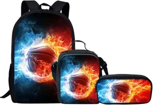 Lightning Backpack for Kids Boys Flame Basketball Print Primary School Bag Bookbag Elementary Students Backpacks Set with Lunch Box Pencil Holder,3 Pack