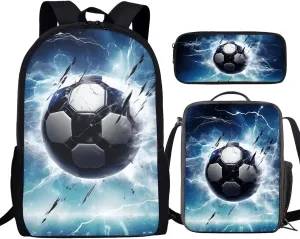 Lightning Soccer Backpack for Boys 3PCS Cool Lightweight Boys Bookbag with Lunch Box 17 Inch Large Capacity Teens School Bags 7 Years Old for Toddler Casual Travel Daypack Rucksack