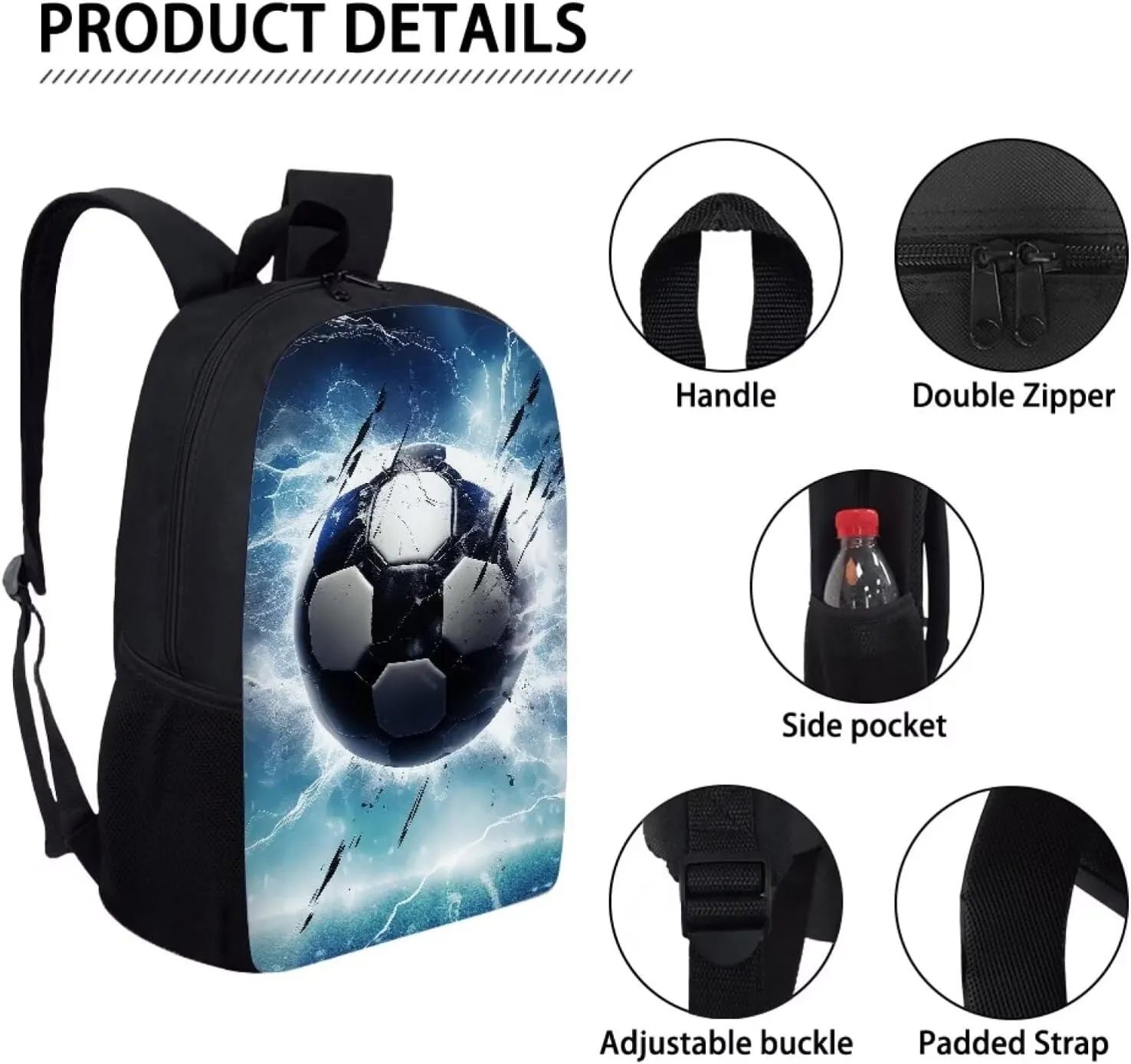 Lightning Soccer Backpack for Boys 3PCS Cool Lightweight Boys Bookbag with Lunch Box 17 Inch Large Capacity Teens School Bags 7 Years Old for Toddler Casual Travel Daypack Rucksack