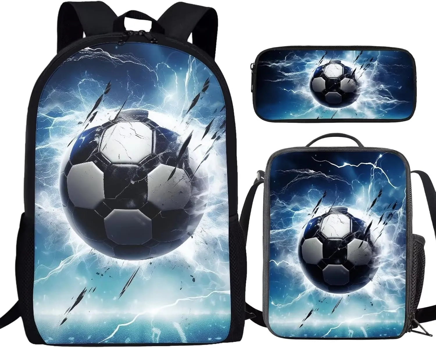 Lightning Soccer Backpack for Boys 3PCS Cool Lightweight Boys Bookbag with Lunch Box 17 Inch Large Capacity Teens School Bags 7 Years Old for Toddler Casual Travel Daypack Rucksack