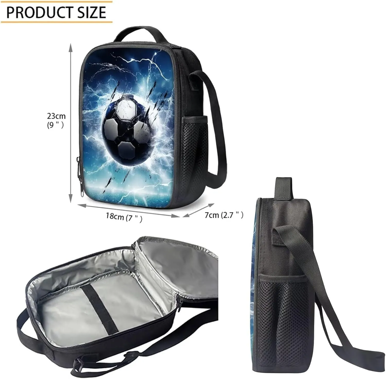 Lightning Soccer Backpack for Boys 3PCS Cool Lightweight Boys Bookbag with Lunch Box 17 Inch Large Capacity Teens School Bags 7 Years Old for Toddler Casual Travel Daypack Rucksack