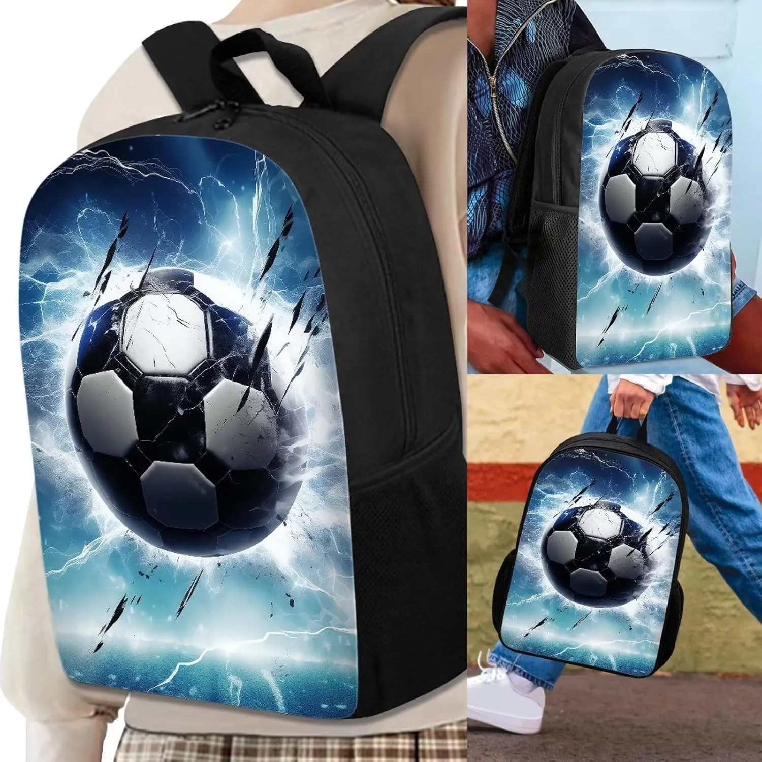 Lightning Soccer Backpack for Boys 3PCS Cool Lightweight Boys Bookbag with Lunch Box 17 Inch Large Capacity Teens School Bags 7 Years Old for Toddler Casual Travel Daypack Rucksack