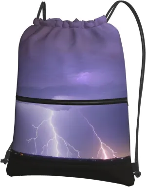 Lightning Storm Print Drawstring Backpack â€“ Adjustable Lightweight Gym Bag for Sports, Yoga, Travel, and Hiking