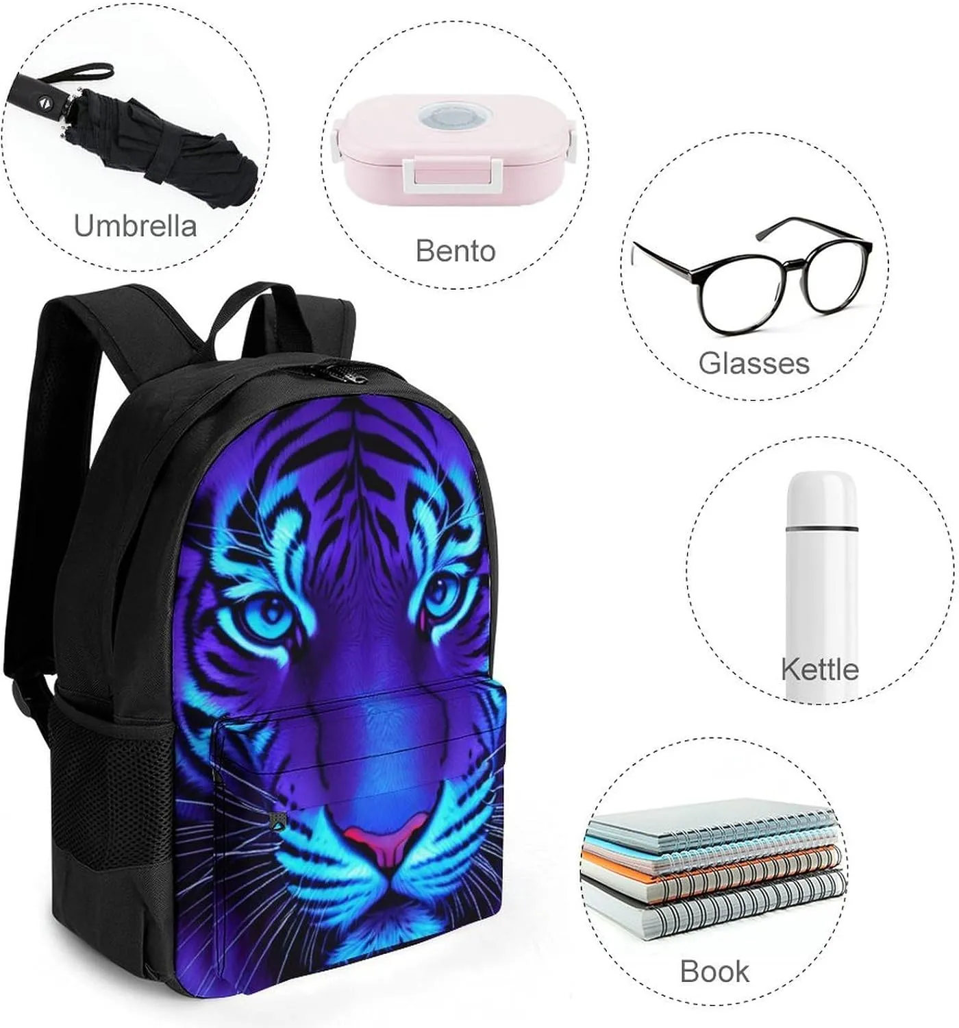 Lightweight Daypack Backpack for Sports Travel Running - Large Capacity Multipurpose Anti-Theft Bookbag, Trippy Tiger Animal Art Laptop Backpack Daypack
