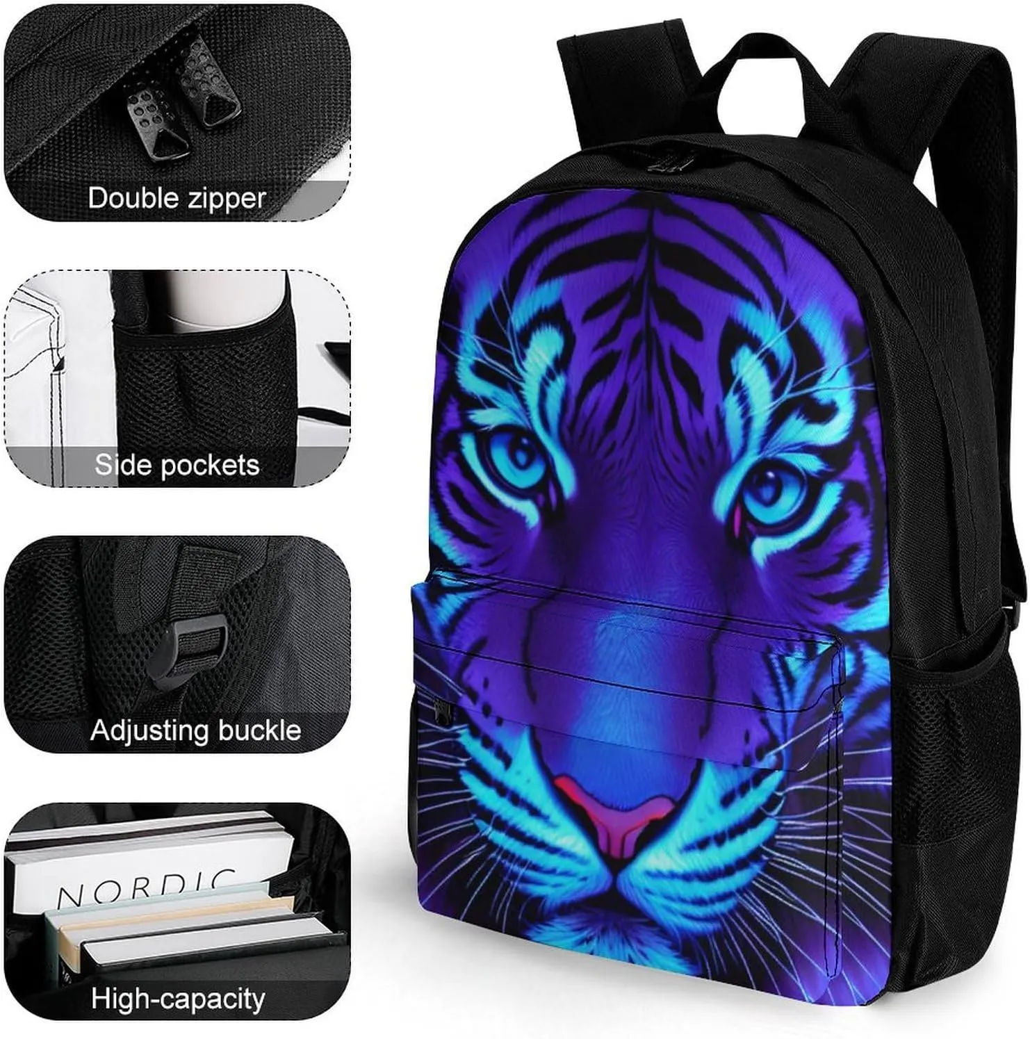 Lightweight Daypack Backpack for Sports Travel Running - Large Capacity Multipurpose Anti-Theft Bookbag, Trippy Tiger Animal Art Laptop Backpack Daypack