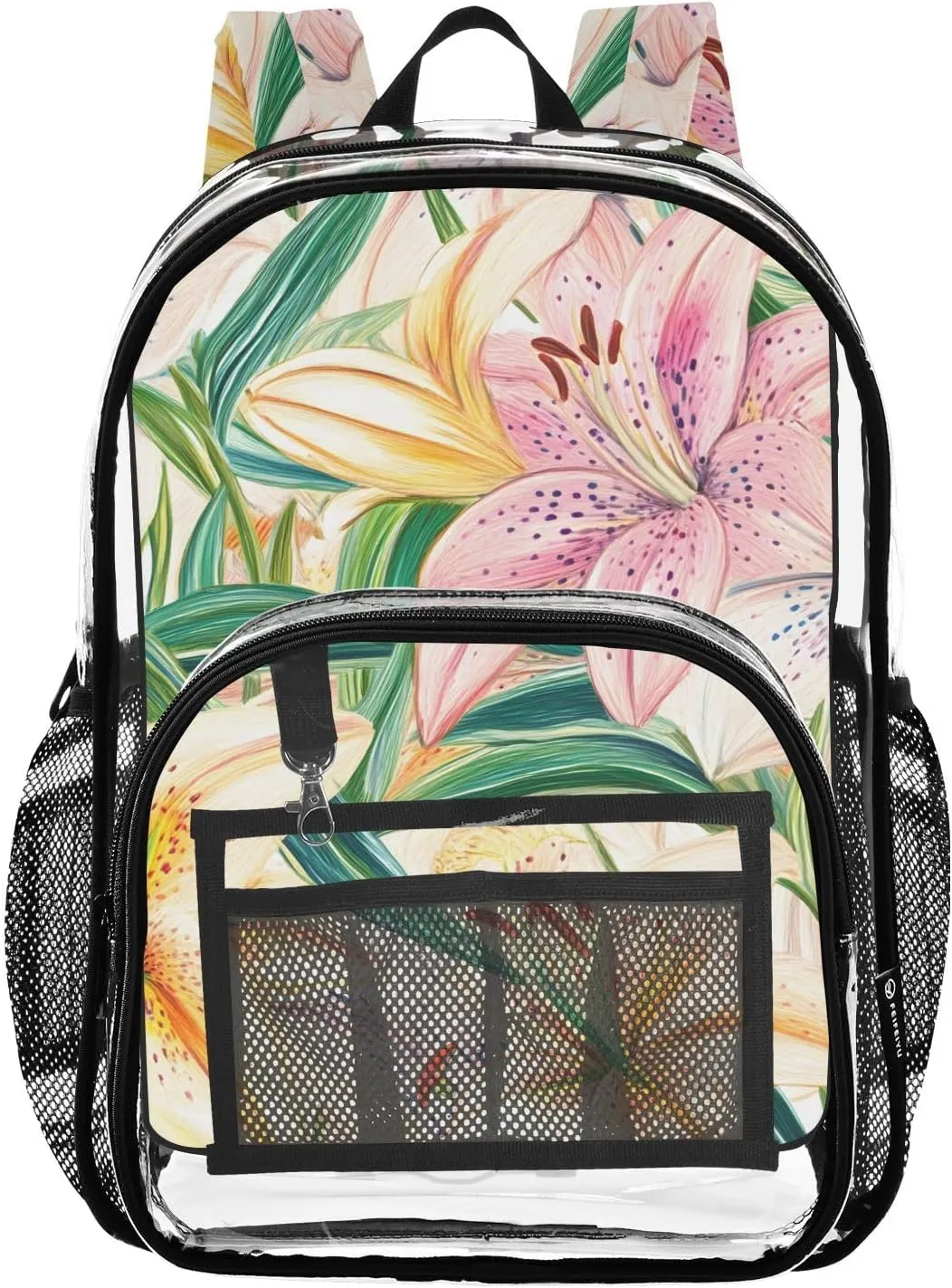 Lilies Blooming Clear Backpack for School Heavy Duty PVC Transparent Bookbag See Through Backpacks for Girls Boys School Stadium Events College