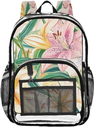 Lilies Blooming Clear Backpack for School Heavy Duty PVC Transparent Bookbag See Through Backpacks for Girls Boys School Stadium Events College