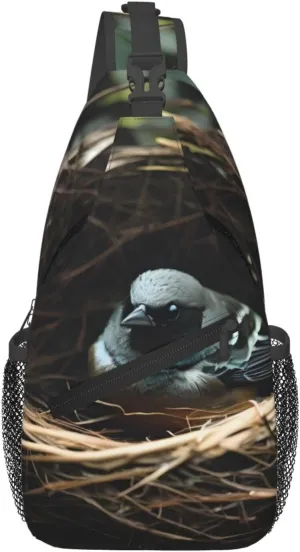 Little bird nest Patterned crossbody chest bag, casual hiking shoulder bag, travel crossbody backpack for men and women
