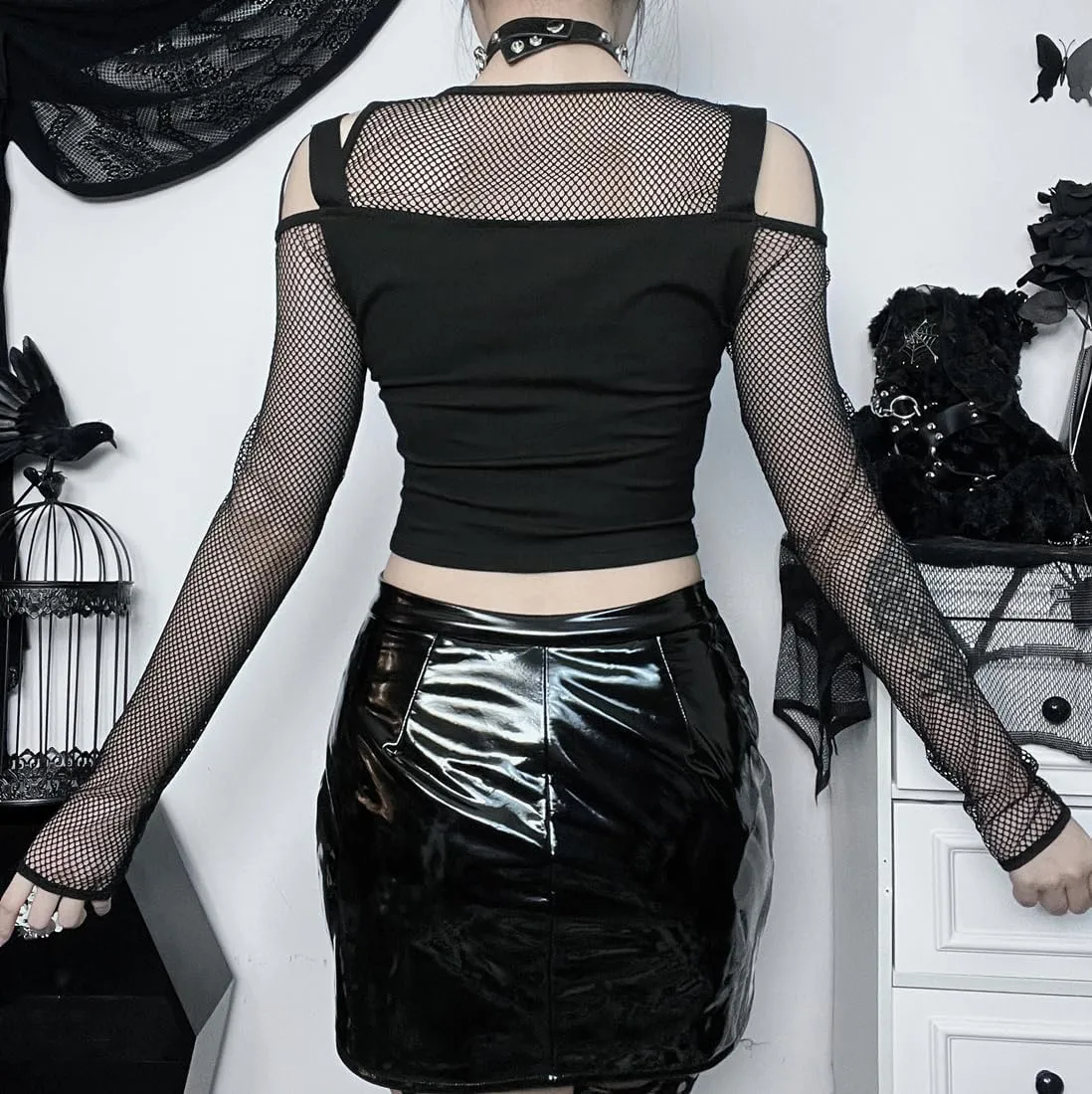 Long Sheer Mesh Sleeve Off Shoulder Women Going Out Goth Tops