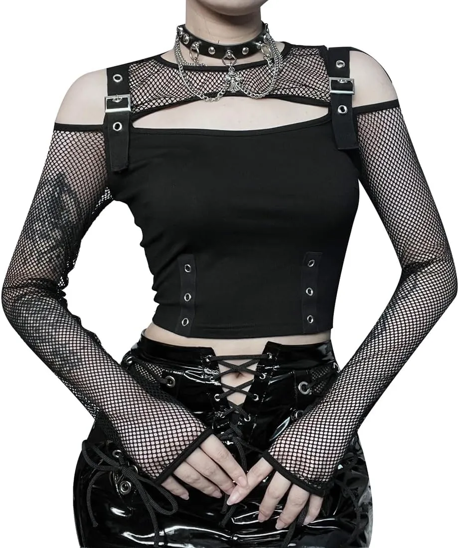 Long Sheer Mesh Sleeve Off Shoulder Women Going Out Goth Tops