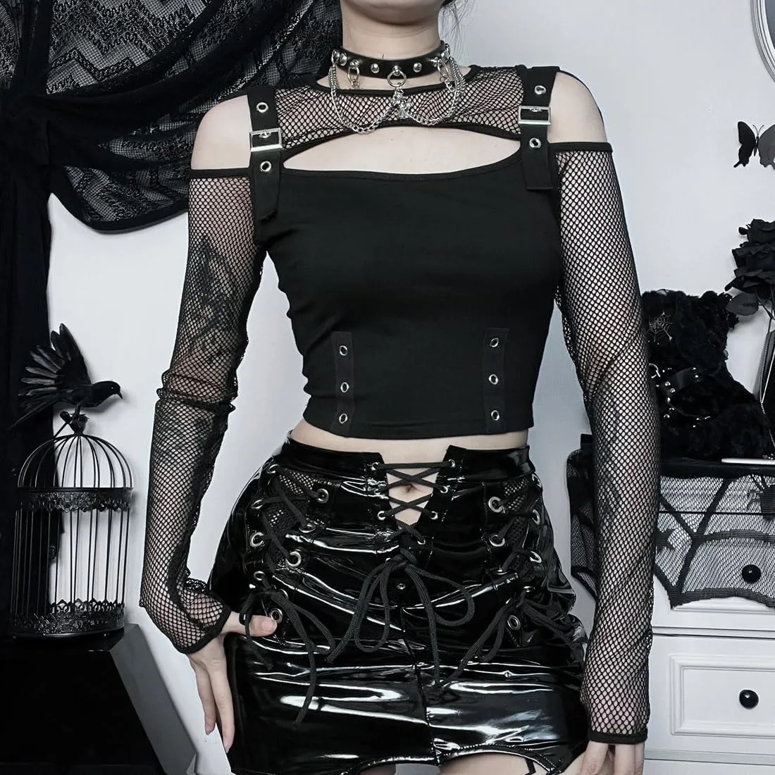 Long Sheer Mesh Sleeve Off Shoulder Women Going Out Goth Tops